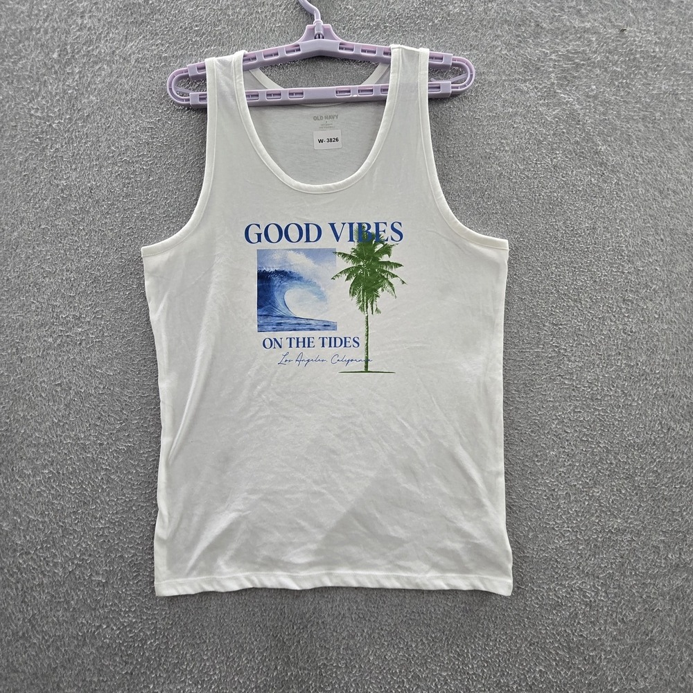 Old Navy Women Tank Top S White Graphic Good Vibes Logo Scoop Neck NWT